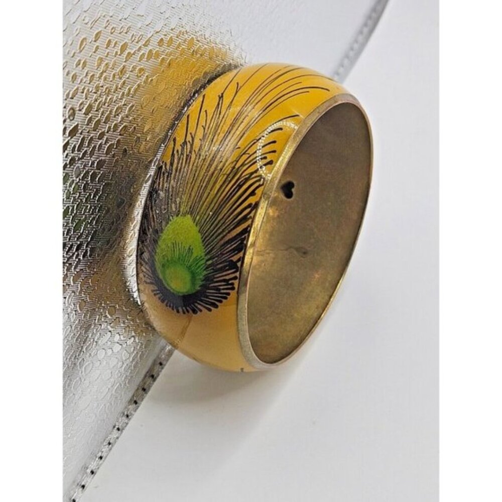 1980s Vintage Gold Enamel Peacock Design Brass Tone Bangle with engraved hearts